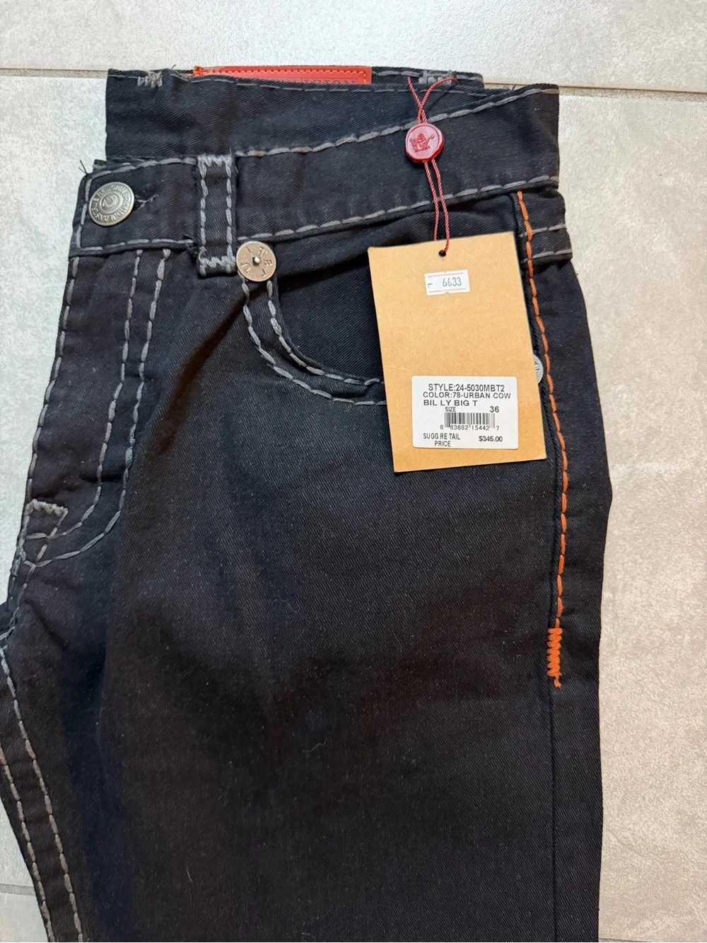Men’s True Religion Billy Big T Dk Blk Flap Pockets 36x34 Bold Topstitching NWT
